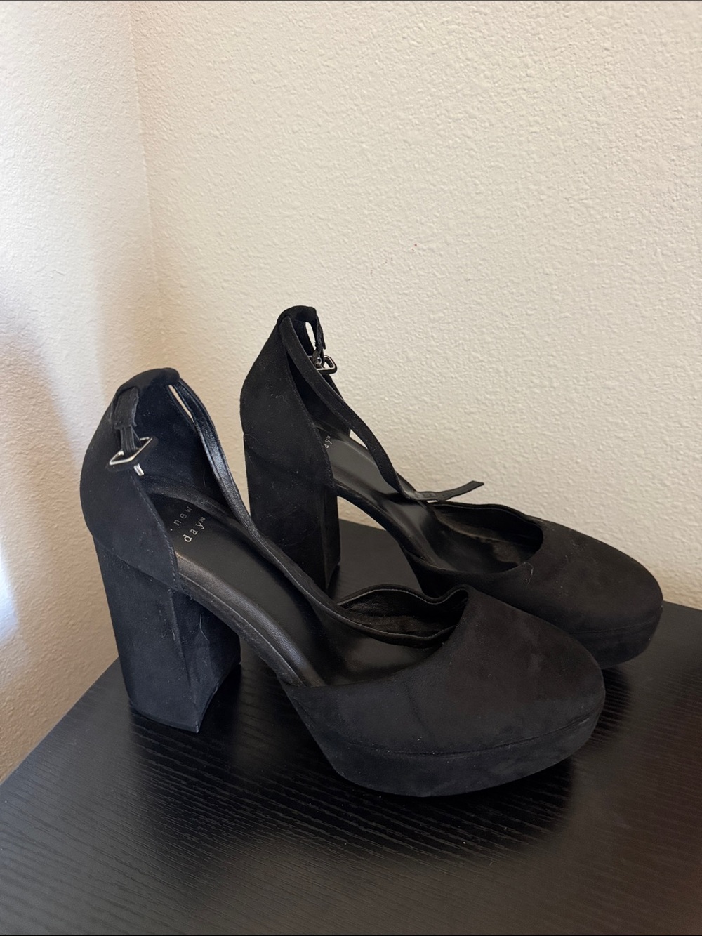 a new day Black Suede Platform Block Heel Pumps with Ankle Strap